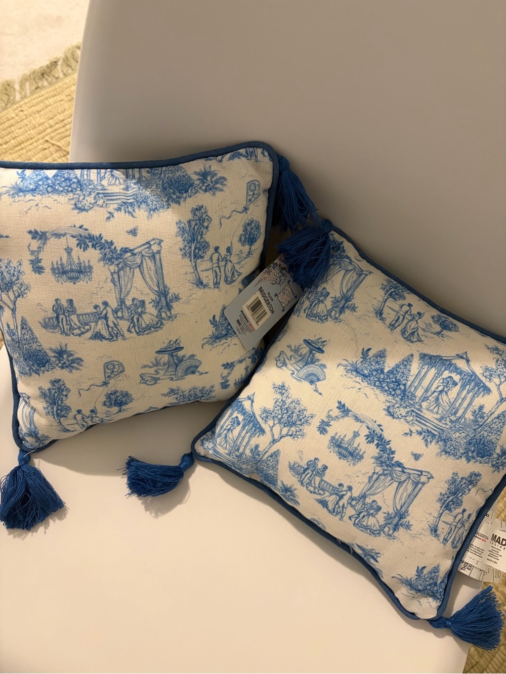 Set of 2 Blue Toile Tassel Throw Pillows 10 x 10 -